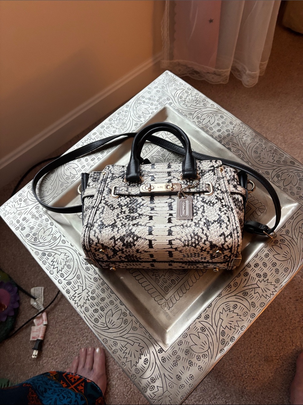 Coach Mini Satchel Swagger in Black and White Snake Print
